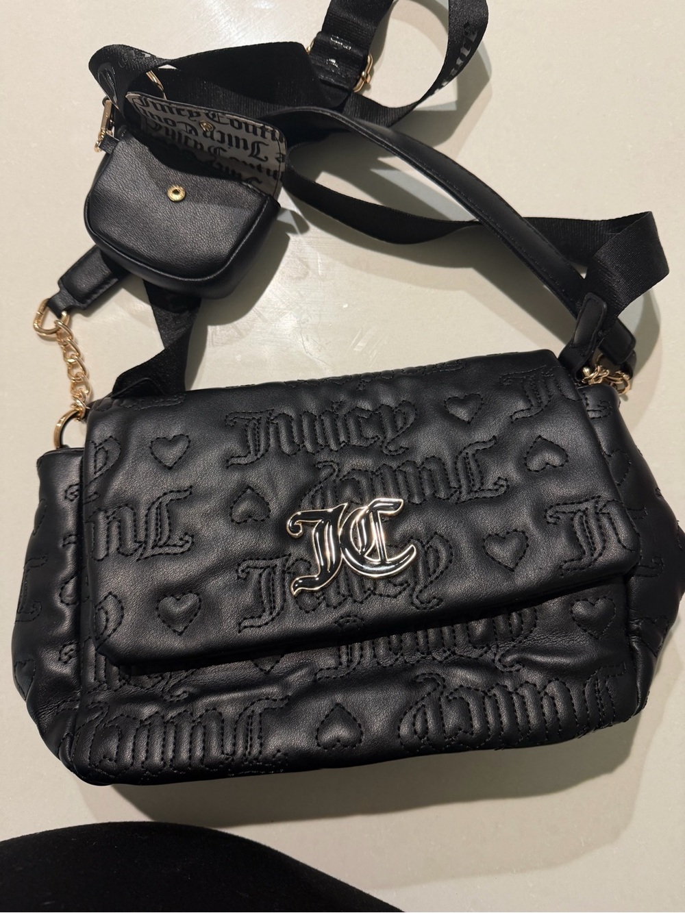 Juicy Couture Black Quilted Logo Flap Crossbody with Gold JC Emblem